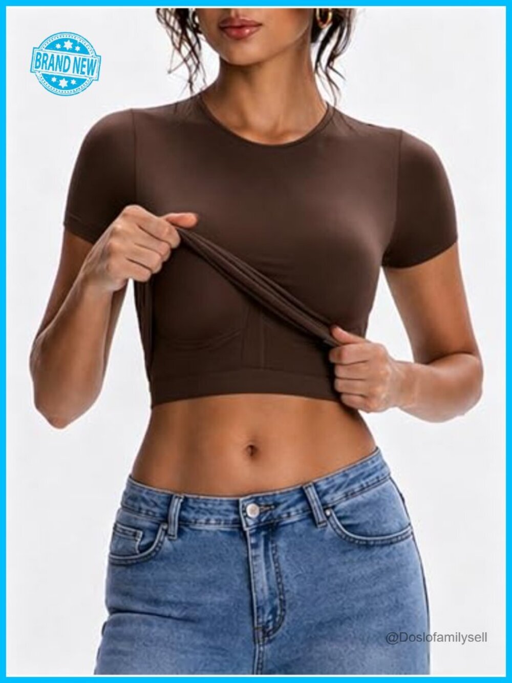 Built in Bra T Shirts Short Sleeve Crop Top Y2K Going Out Tops Fitted Basic - Picture 2 of 5